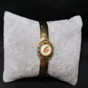 Vintage Floral Porcelain Hinged Bracelet, Repousse Gold Plated, 1950s